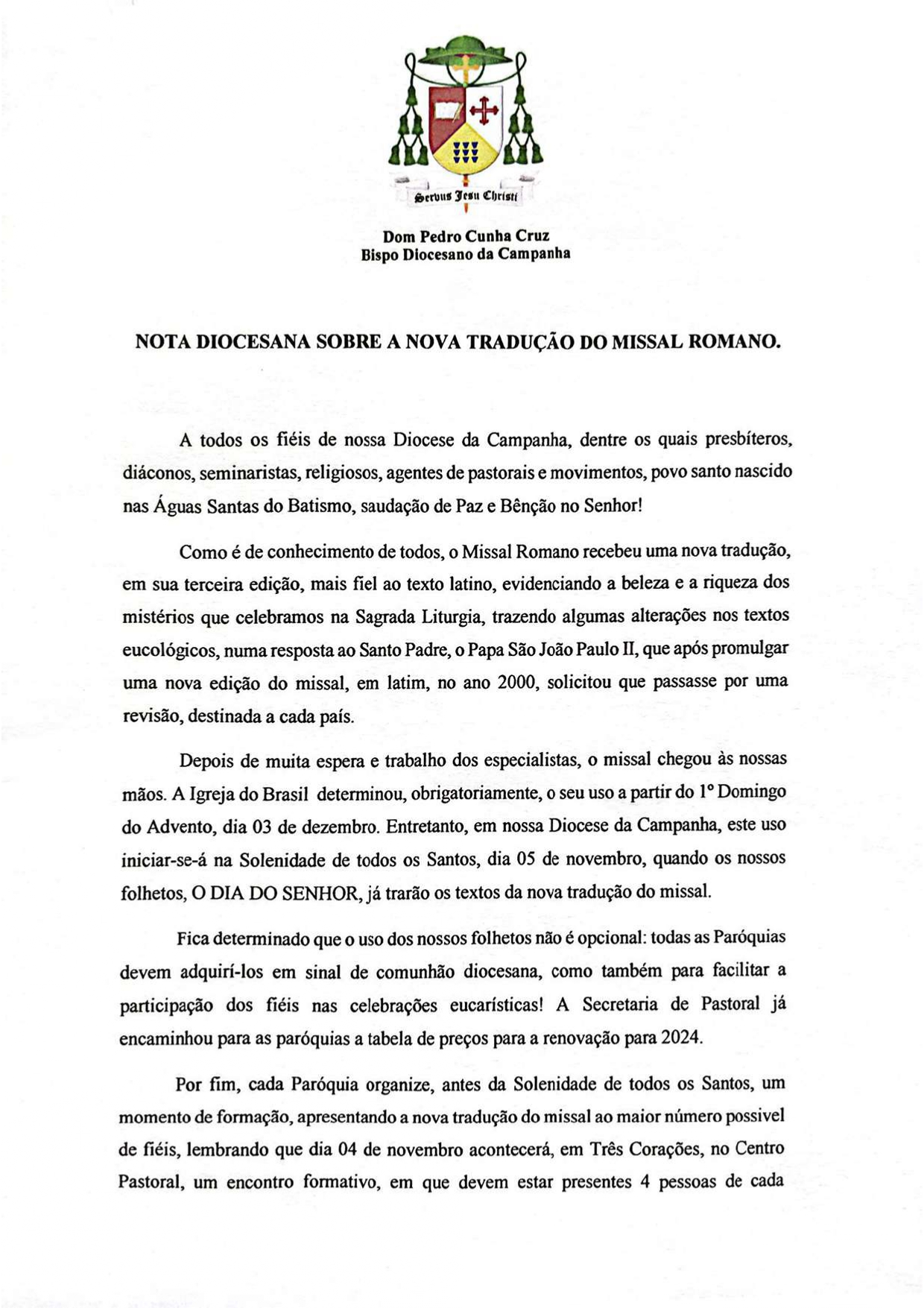 NOTA DIOCESANA SOBRE A NOVA TRADUCAO DO MISSAL ROMANO page-0002