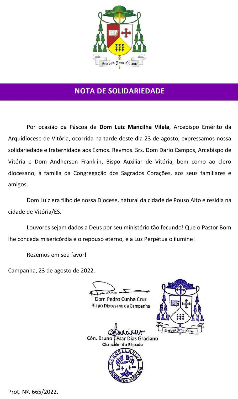 Nota de Solidariedade - Diocese da Campanha - Dom Luiz Mancilha Vilela