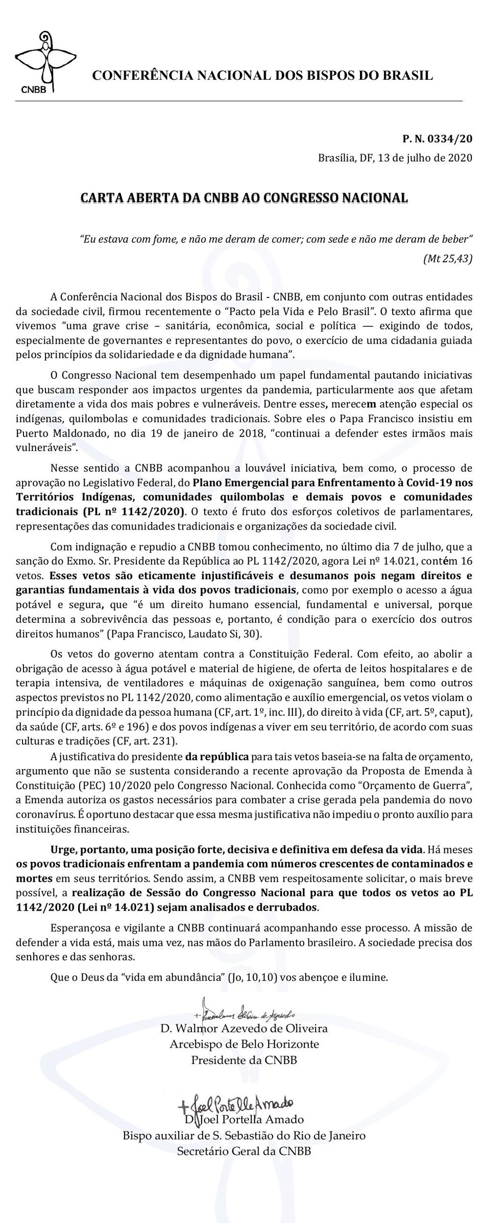 0334 - Carta aberta da CNBB ao Congresso Naciona