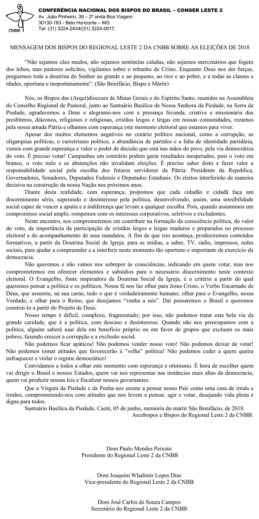 MENSAGEM DOS BISPOS DO REGIONAL LESTE 2 SOBRE AS ELEICOES