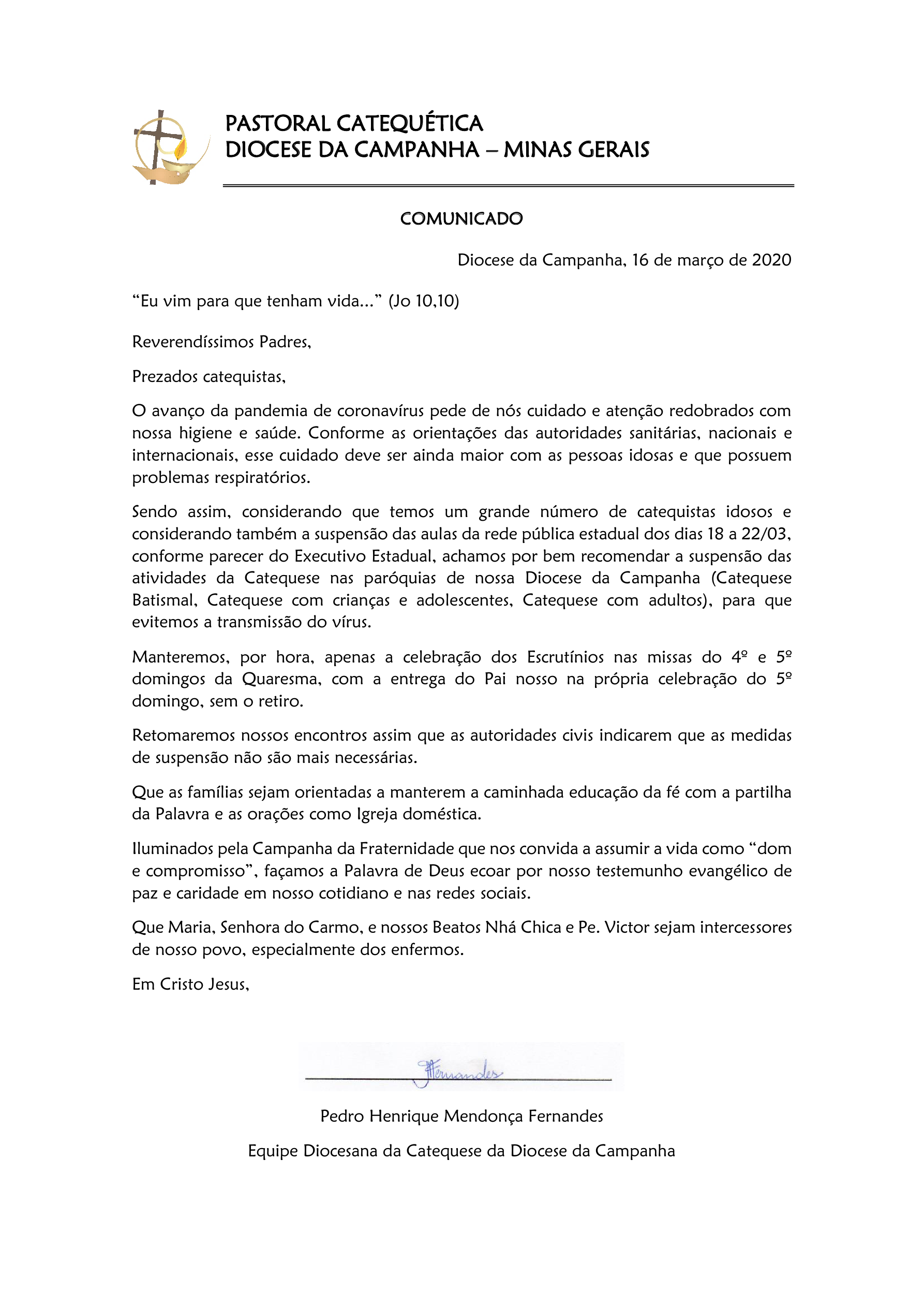 COMUNICADO DA CATEQUESE DA DIOCESE DA CAMPANHA