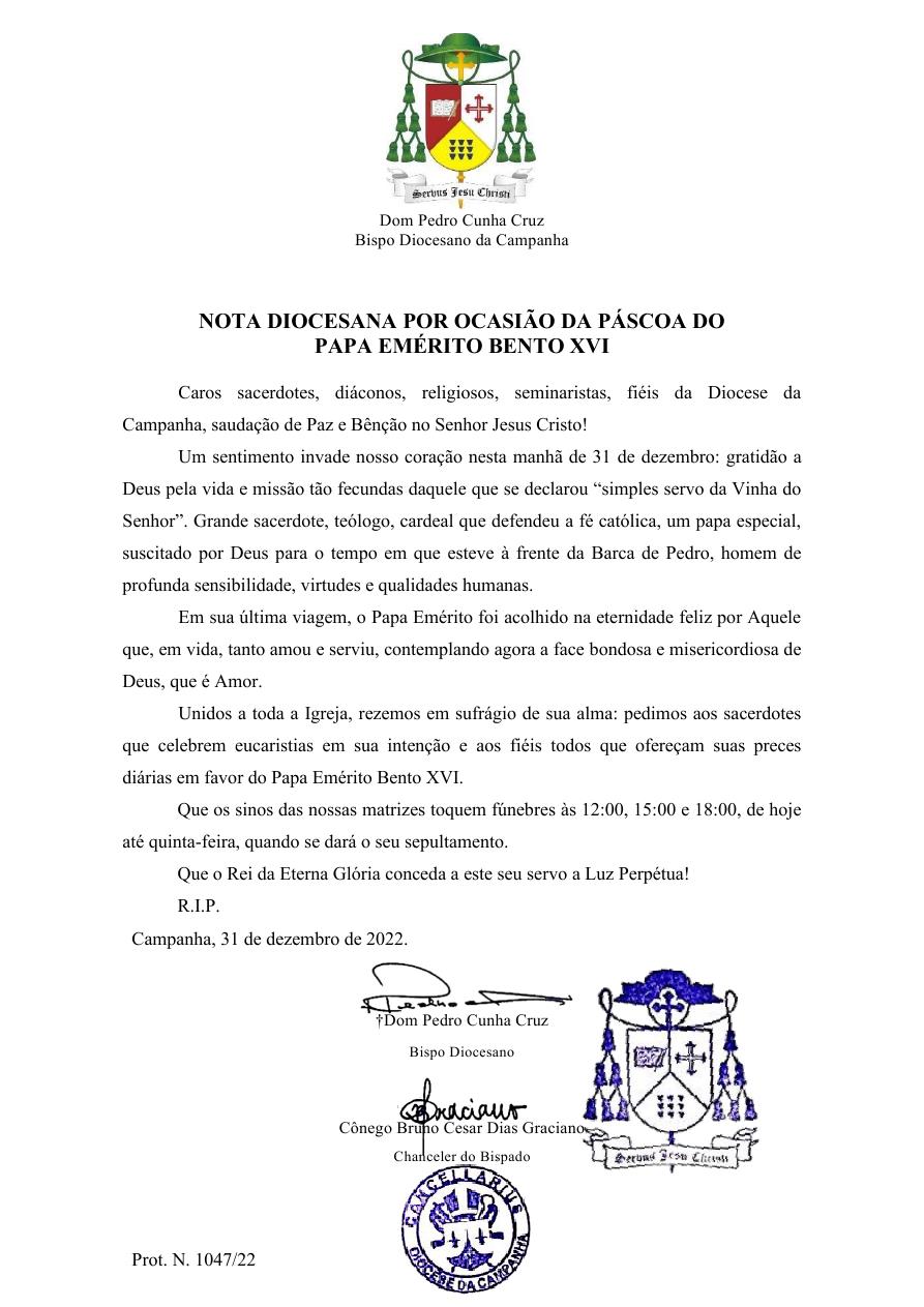 NOTA DIOCESANA POR OCASIAO DA PASCOA DO PAPA EMERITO BENTO XVI - V2