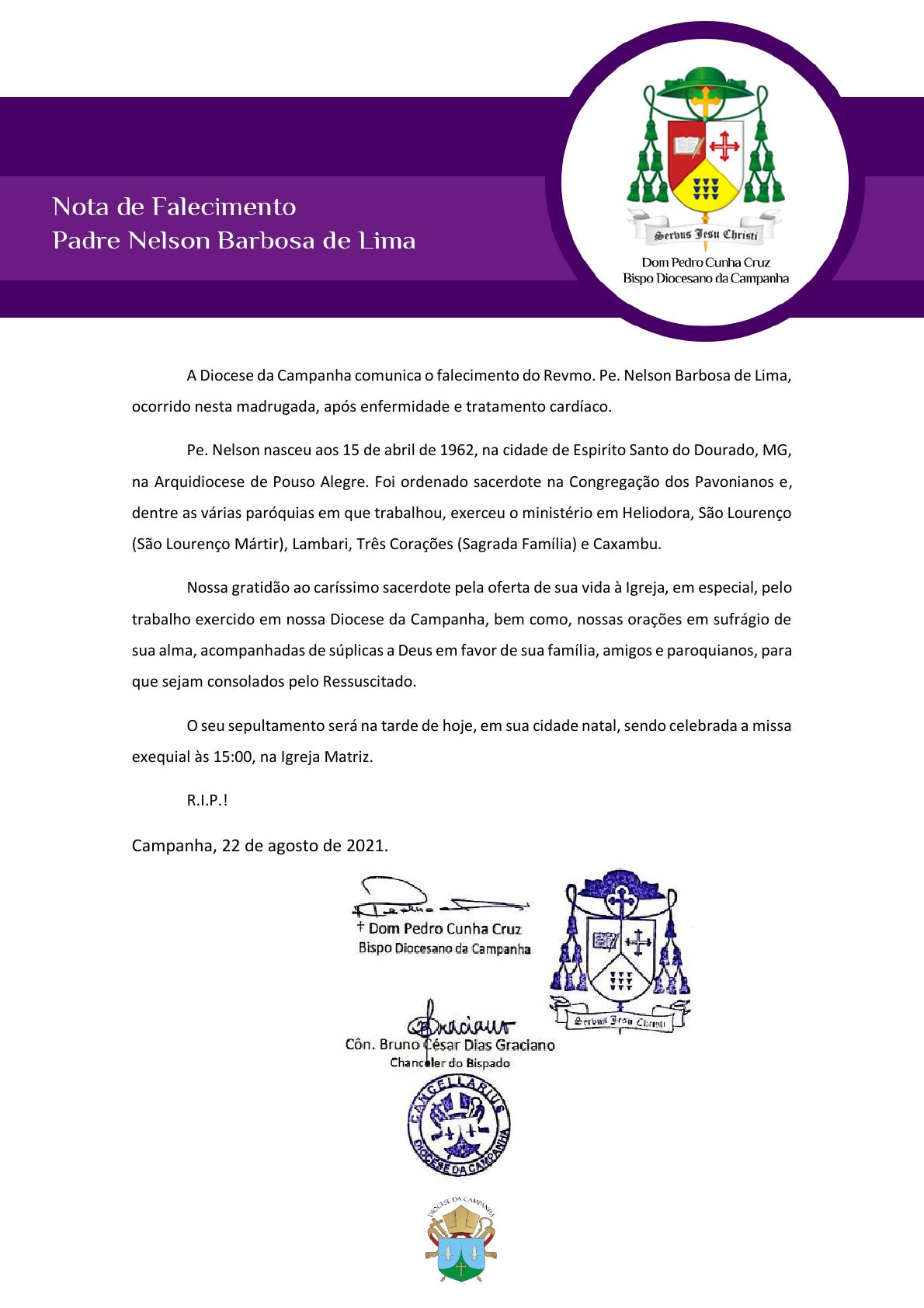 Nota de Falecimento - Padre Nelson