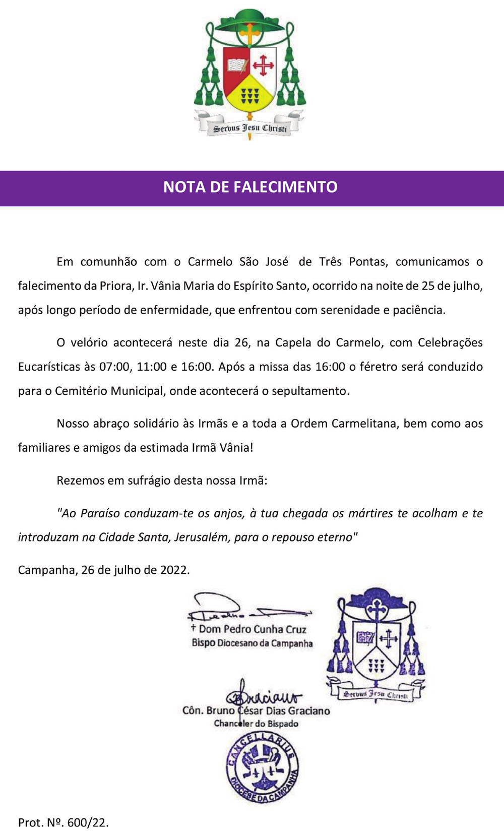 Diocese da Campanha - Nota de Falecimento - Irmã Vania
