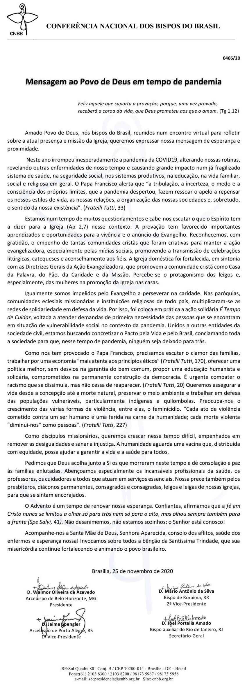 Mensagem ao Povo Brasileiro em tempo de pandemia