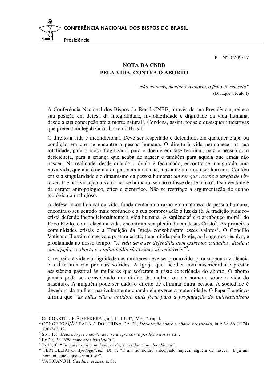 NOTA da CNBB sobre o Aborto 0001
