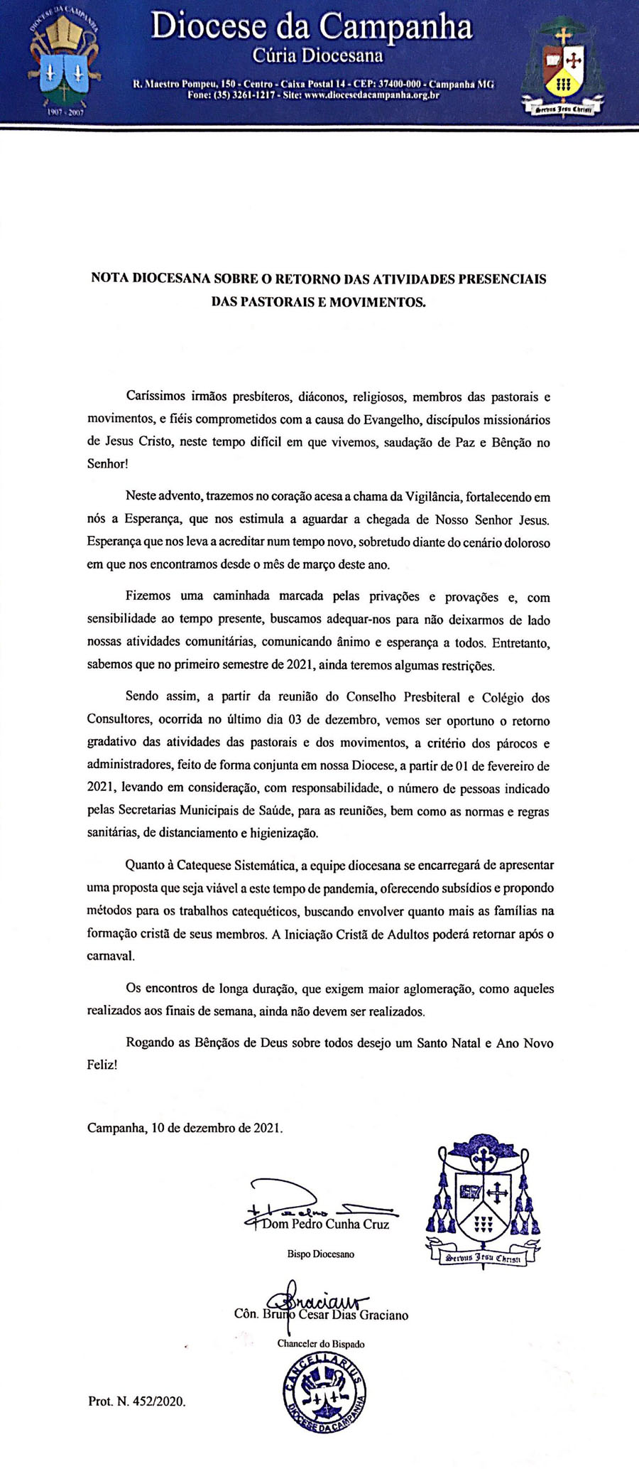 NOTA DIOCESANA SOBRE O RETORNO DAS ATIVIDADES PRESENCIAIS DAS PASTORAIS E MOVIMENTOS
